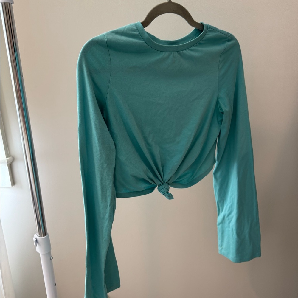 Teal Long Sleeve Knot Front crop shirt